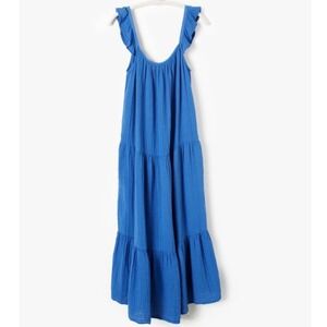Steve Madden Flutter Sleeve Tiered Gauzy Boho Cotton Maxi Dress Blue Size XS